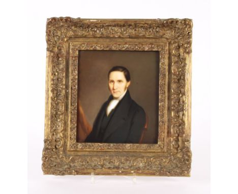 19th Century painted portrait on porcelain plaque, study of a seated gentleman, 19cm x 17cm, contained in gilt frame
