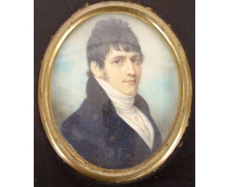 A 19th Century oval portrait miniature, of a young gentleman wearing frock coat and white stock, 7.5cm x 5.5cm overall, conta