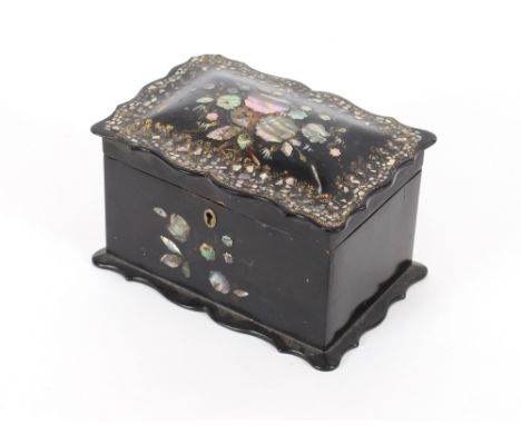 A 19th Century papier mache and mother of pearl tea caddy, AF, 20cm wide