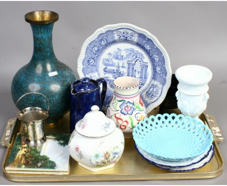 A tray of collectables to include Poole vase, cloisonne vase/lamp base, black glass sugar bowl and milk jug, Aynsley etc.