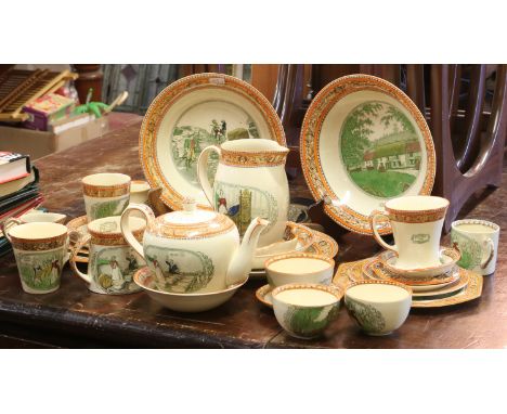 An Adams series ware tea/dinner service decorated with illustrations from Lorna Doone, including teapot, milk jug, sugar bowl