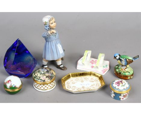A Denmark porcelain figure of a young girl, four gilt metal mounted china pill boxes including Royal Worcester, Wedgwood pin 