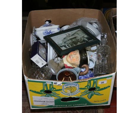 A box of mixed ceramics and glasswares to include tablelamps, character jugs, decanter etc.