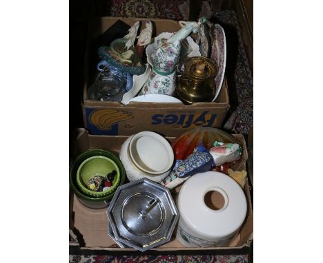 Two boxes of miscellaneous including a brass oil lamp base, cut glass, vintage light shade, oriental pottery model of a cat m
