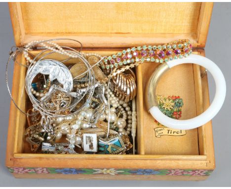 A Swiss musical jewellery box and contents including simulated pearls and hardstone bangle etc.