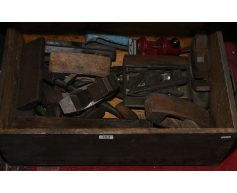 A Victorian pine tool box and contents of old cabinet makers tools etc 