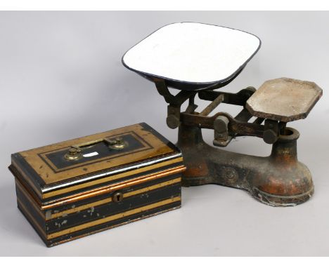 Pair of enamel kitchen scales and a metal money box 