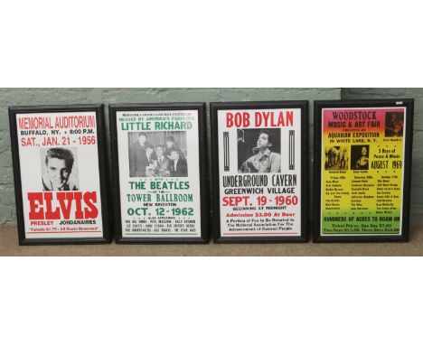 Four gilt framed concert advertising posters after 1950s/60s originals Bob Dylan, Elvis, The Beatles and Woodstock.