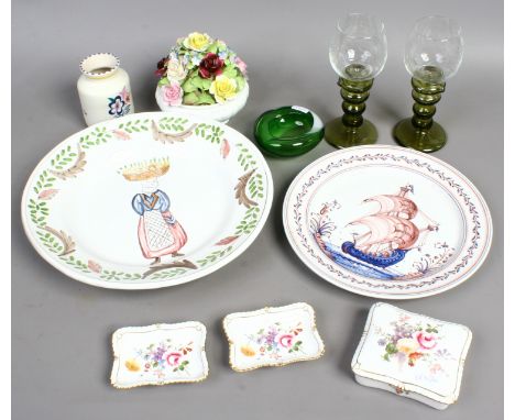 Two coloured tin glazed dishes, Royal Crown Derby, Poole, Coalport posy and pair of hock glasses.
