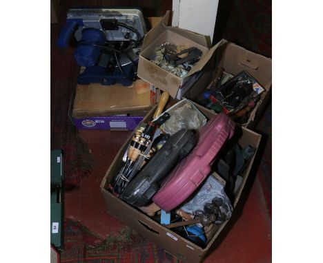 Three boxes of hand and power tools including a Challenge chop saw, record vice, chisels, screw drivers, saws etc.