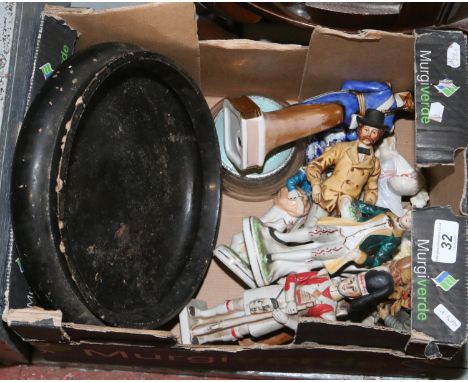 A box of ceramic figures along with lacquered bowl.