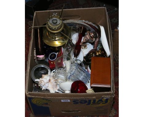 A box of miscellaneous to include brass base gas lamp, ceramics, glasswares, Rhythm mantel clock etc.