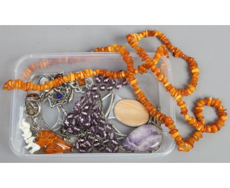 A box of jewellery including silver examples, amber necklace, other amber and moonstone brooch etc.