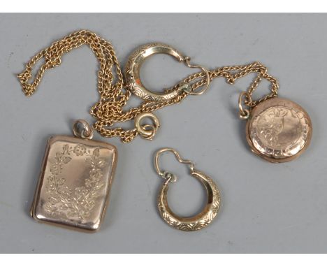 A pair of 9ct gold hoop earrings an engraved rectangular locket and another locket on chain.