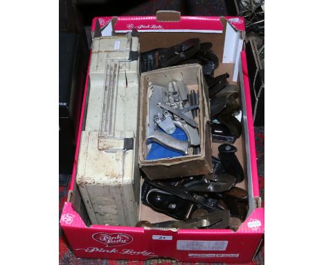 A box of various tools to include Stanley and Record smoothing planes 