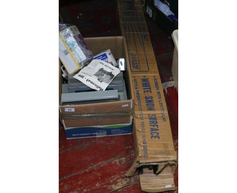 A box of photographic equipment to include Halinamat projector and projector screen, cameras etc.