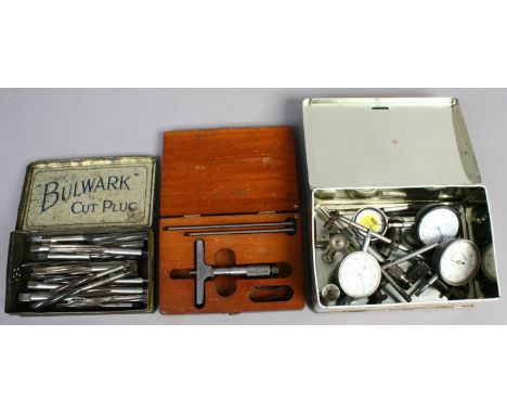 Two tins and a fitted mahogany box to include assorted gauges and engineering tools etc.