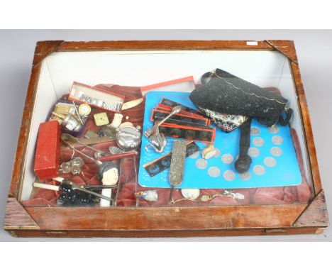 A bijouterie cabinet and contents of collectables to include costume jewellery, trinket boxes, cigarette lighters, novelty cl