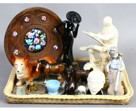 A tray of ceramic figures to include Beswick horse, Melba ware dog, Nao figure of a girl etc, along with an arts and crafts s