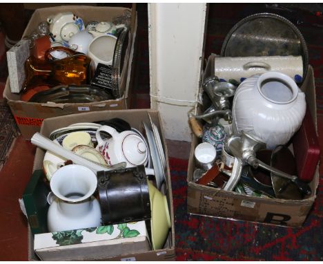 Three boxes of miscellaneous pottery, china and glass etc including weighing scales, Empire tea and coffee set and cottage wa