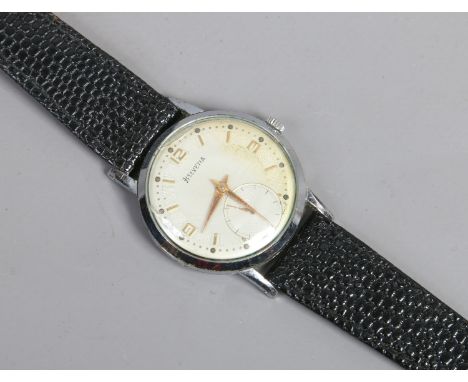 A gentleman's stainless steel Helvetia manual wristwatch with applied gilt numeral and baton markers, subsidiary seconds 