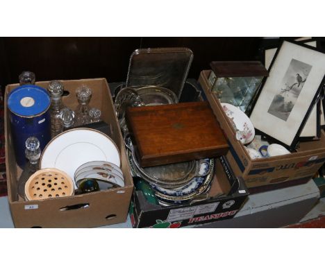 Three boxes of miscellaneous including silver plate, an oak cased canteen of cutlery, four Japanese framed pictures, cut glas