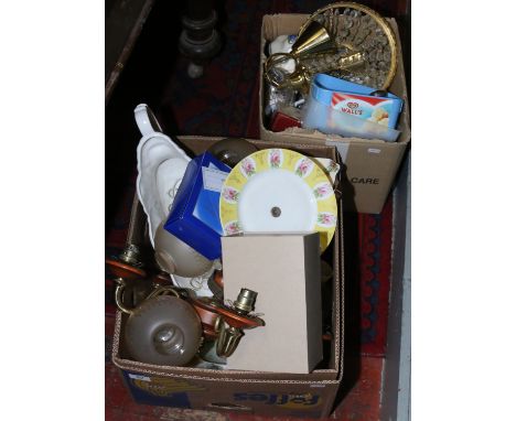 Two boxes of miscellaneous ceramics, light fitting, boxed drinking glasses, tureens, plated cutlery and cameras etc.