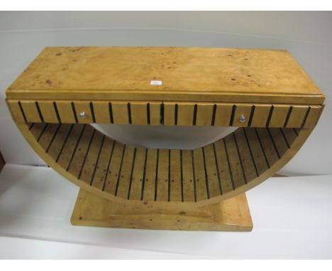 AN ART DECO STYLE WALNUT SIDE TABLE of rectangular outline the shaped moulded top with two frieze drawers raised on a U shape