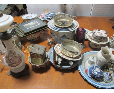 A MISCELLANEOUS COLLECTION to include four graduated blue and white planters, oil lamp, plated ware, wash basin, vases, figur