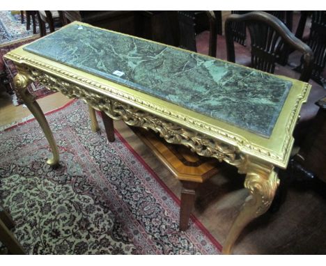 A CONTINENTAL GILTWOOD SIDE TABLE surmounted with green vein marble top above a pierced carved frieze and cabriole legs 81cm 