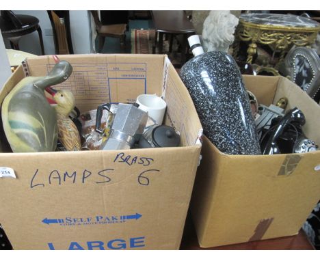 TWO BOXED LOTS to include an alfrank table lamp, leather briefcase, glassware, crockery, China etc