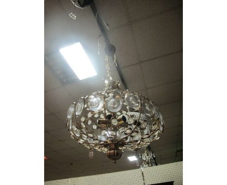 A SCIOLARI BRASS AND GLASS PENDANT LIGHT 111cm drop