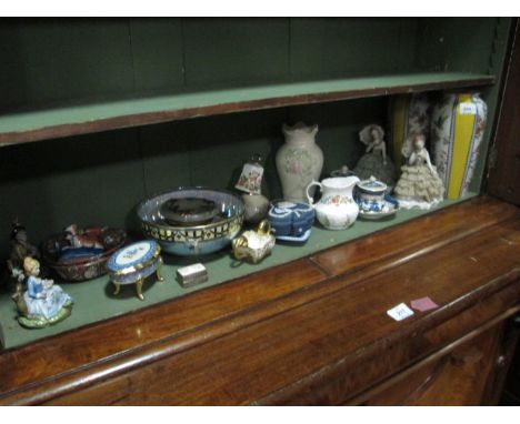 A COLLECTION OF CHINA to include a pair of English China vases, a pair of figures, trinket box, two oval dishes, a blue and w