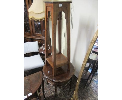 A MAHOGANY OCCASIONAL TABLE together with a pine jardiniere stand and a table lamp