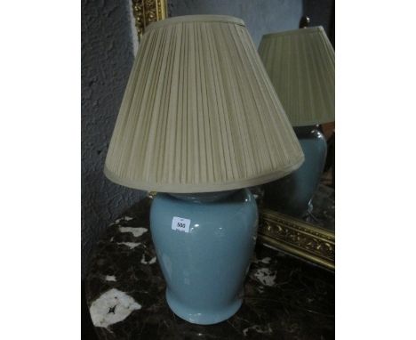 A PAIR OF GLAZED CHINA TABLE LAMPS each of baluster form the light blue ground with pleated shades 64cm high