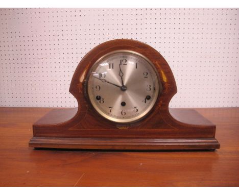 A MAHOGANY INLAID CASE MANTLE CLOCK with silvered dial 26cm (h) x 44cm (w)