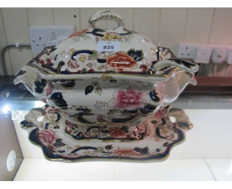 A MASONS IRON STONE TUREEN on stand with ladle mandaly pattern