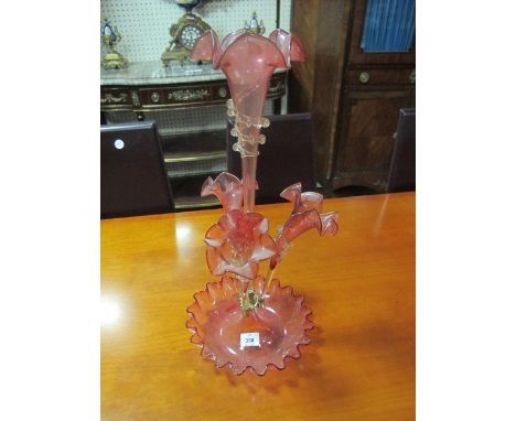 A VICTORIAN RUBY GLASS AND CLEAR GLASS FOUR BRANCH EPERGNE raised on a circular dish with wavy rim 56cm (h) x 24cm (d)