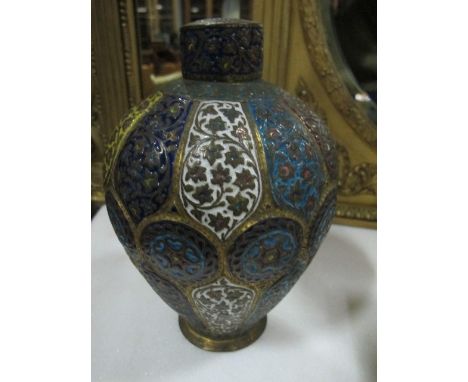 A BRASS AND ENAMEL LIDDED VASE 23cm high