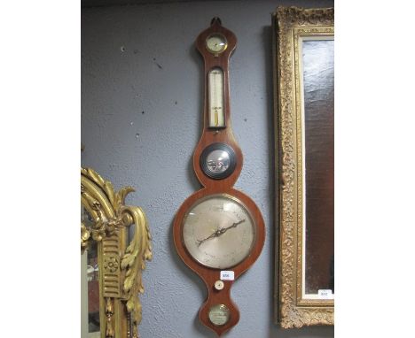 A GEORGIAN MAHOGANY BANJO BAROMETER with silvered dials inscribed "P Fringle Cork" 82cm high
