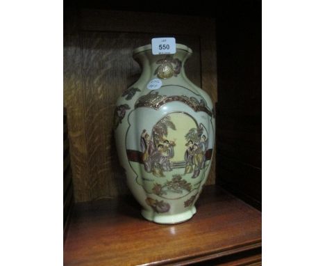 A PAIR OF CHINESE VASES the light green, light brown and beige ground decorated with figural gilt decoration