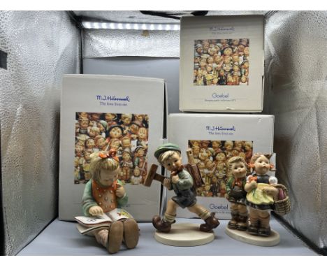 Three Boxed Goebel Hummel Figurines, to include Book Worm, The Little Architect, and To Market (some damages present to To Ma
