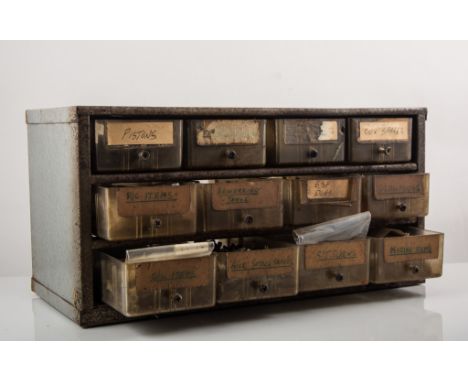 Five x metal chests and cardboard box, containing engine spares, tools, nuts and bolts.