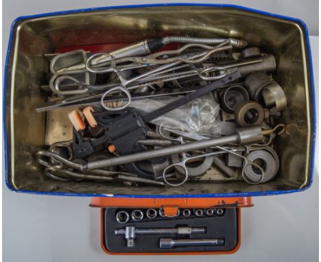 TETLEY tin containing miscellaneous tools.