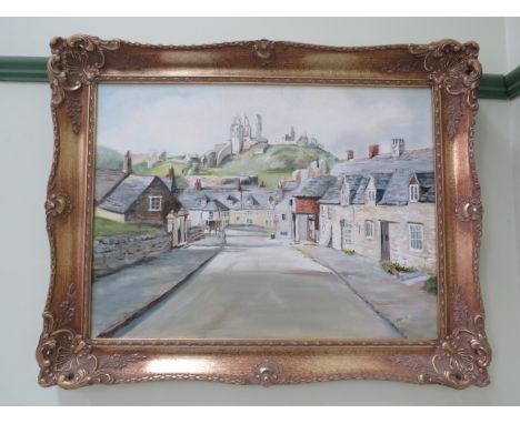 Oil on canvas of Whitby abbey ruins in oranate gilt frame, signed C Hopper 92, 28.5" by 22.5".