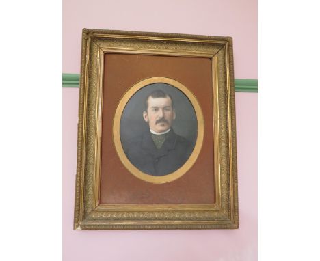 Oil painting portrait on card of a Edwardian gentleman in an ornate frame, 25" by 20".
