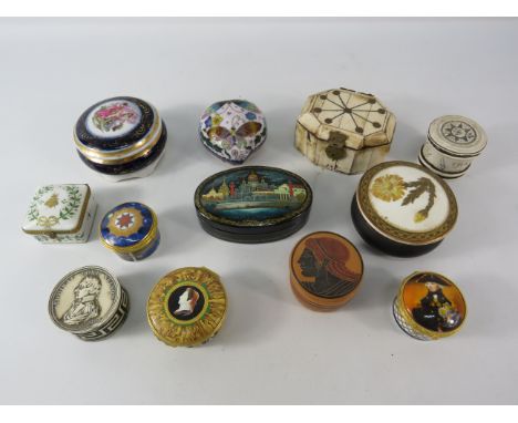 Selection of various trinket &amp; pill boxes, enamel, ceramic, bone etc.
