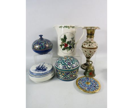 Mixed lot to include Portmeirion, Brass and enamel vase, various lidded pots etc.