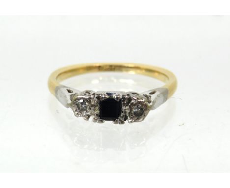 18ct Yellow Gold Ring set with a Central Sapphire with two flanking Diamonds.   Finger size 'K-5'    2.5g