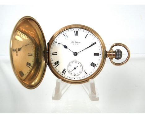 American Waltham 'Traveller' Full Hunter Pocket Watch with 9ct Yellow Gold Case. Enamel Dial. Crown Wind in very good conditi